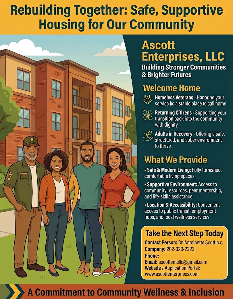 Four adults standing together outside a welcoming community home, from the Ascott Enterprises flyer